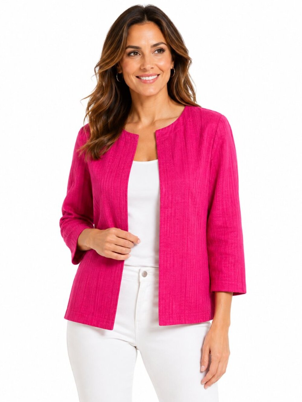 2/$30 Chico’s Travelers Collection Hot Pink Open Jacket Blazer 3/4 sleeve Sz S